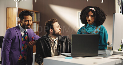 Buy stock photo Business, fashion designer and team on laptop for planning, discussion and brainstorming retro style. Computer, group and creative meeting for trendy idea, vintage catalog and project in office