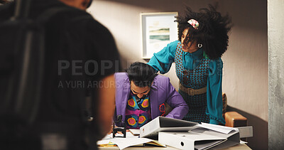 Buy stock photo Action, film and creative on set, people and cinematography of fight scene, production crew and art. Entertainment, actor and equipment for movie take, man and woman with talent, acting or process