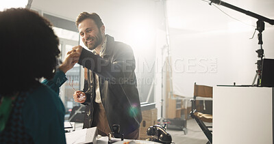 Filming, fist bump and success with director, actress approval and movie production on set. People, producer and teamwork for shooting documentary, rehearsal achievement and congratulations with deal
