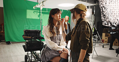 Buy stock photo Set, women and makeup artist with brush, preparation and application of cosmetics, creative or crew. Behind the scene, people and makeover for photoshoot, beauty and getting ready with equipment