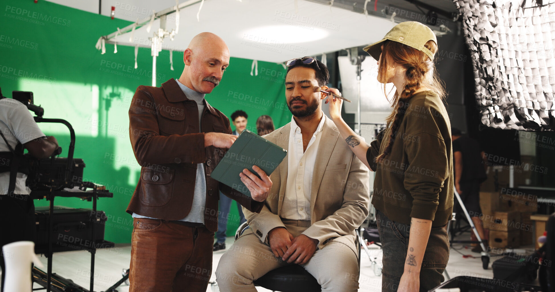 Buy stock photo People, actor and director with clipboard in studio for scene notes, feedback and filming advice. Team, makeup and preparation with supervisor for movie production, performance guide and script lines