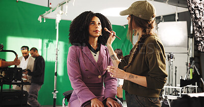 Buy stock photo Set, women and makeup artist with brush, cosmetics and application for makeover, creative or beauty. Behind the scene, people and getting ready for photoshoot, preparation and crew with equipment