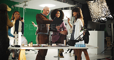 Buy stock photo People, actress and filming with clipboard in studio for scene notes, feedback and director advice. Team, makeup and prepare with supervisor for movie production, performance guide and script lines
