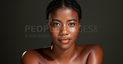 Buy stock photo Portrait, wellness and woman with pride for skincare, glow and treatment for healthy skin and shine. Studio, black person and confident for self care with dermatology, gray background or anti aging