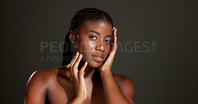 Buy stock photo Portrait, treatment and woman with pride for skincare, mockup space or glow of healthy skin or shine. Studio, black person and confident for self care with dermatology, gray background and anti aging