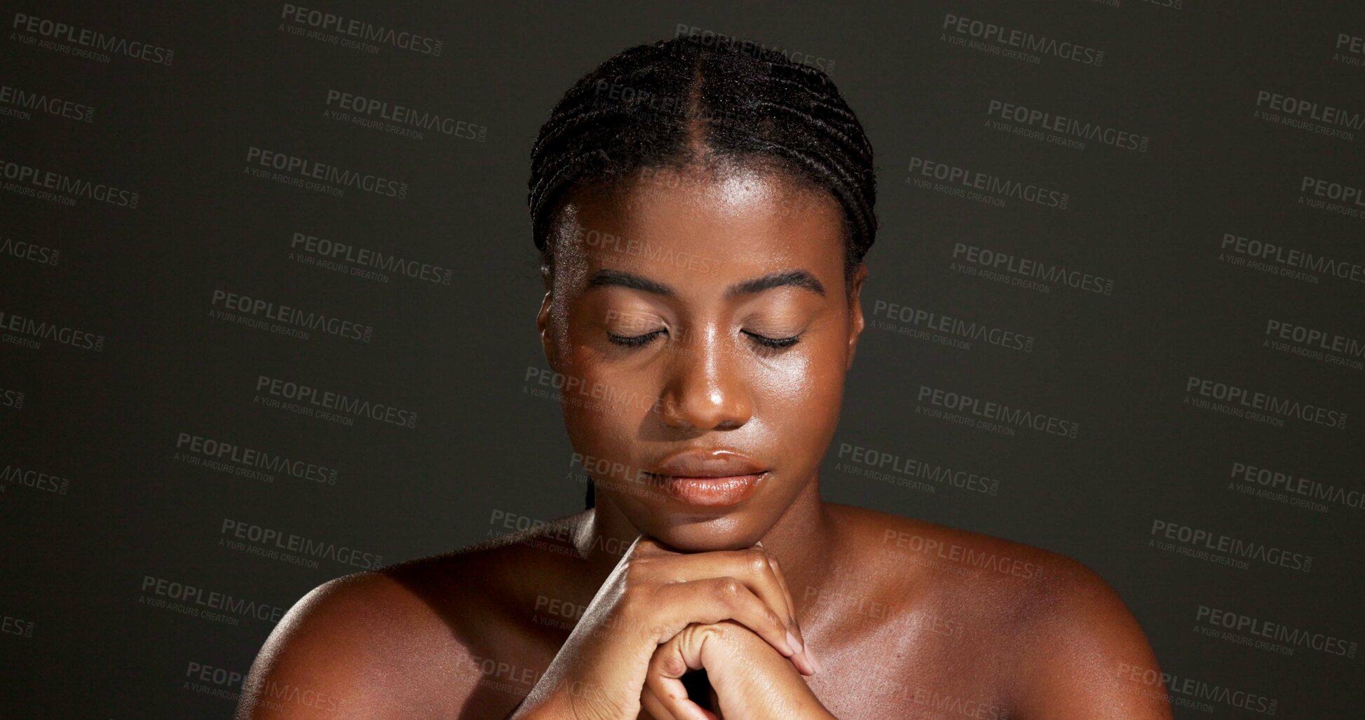 Buy stock photo Beauty, glow and eyes closed with black woman in studio for skincare, dermatology and self care. Aesthetic, hydration and collagen with person on dark background space for shine and clear skin