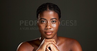 Buy stock photo Portrait, shine and woman with pride for skincare, wellness and treatment for healthy skin and glow. Studio, black person and confident for self care with dermatology, gray background or anti aging