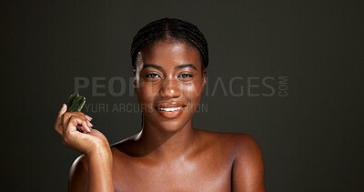 Buy stock photo Gua sha, skincare and portrait of black woman in studio for smooth skin, facial massage and anti aging. Dermatology, space and person with beauty, treatment and lymphatic drainage on dark background