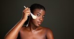 Brush, makeup and portrait of black woman in studio with beauty, makeover and self care. Cosmetic tool, face and African female person with facial cosmetology for foundation by gray background.