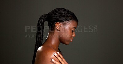 Buy stock photo Beauty, skincare and profile of black woman in studio for mockup, hydration and glow. Shine, aesthetic and dermatology with person on dark background space for  hygiene, clear skin and body care