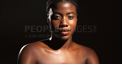 Buy stock photo Portrait, beauty and African woman in studio for body care, satisfaction and spa wellness. Space, black background and person with smooth skin, glow and shine for hydration, dermatology and cosmetics