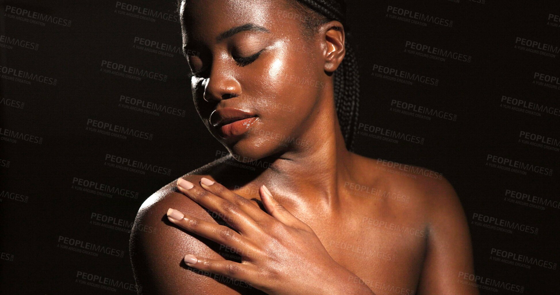 Buy stock photo Skincare, beauty and black woman in studio for body care, satisfaction and spa wellness. Space, dark background and person with smooth skin, glow and shine for hydration, dermatology and cosmetics
