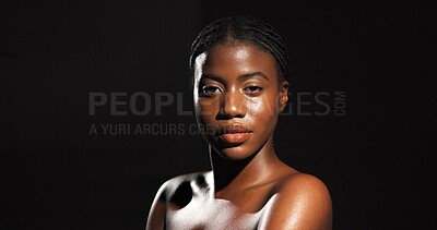 Buy stock photo Beauty, glow and portrait with black woman in studio for skincare, smooth texture and dermatology. Hygiene, aesthetic and shine with person on dark background space for hydration and self care