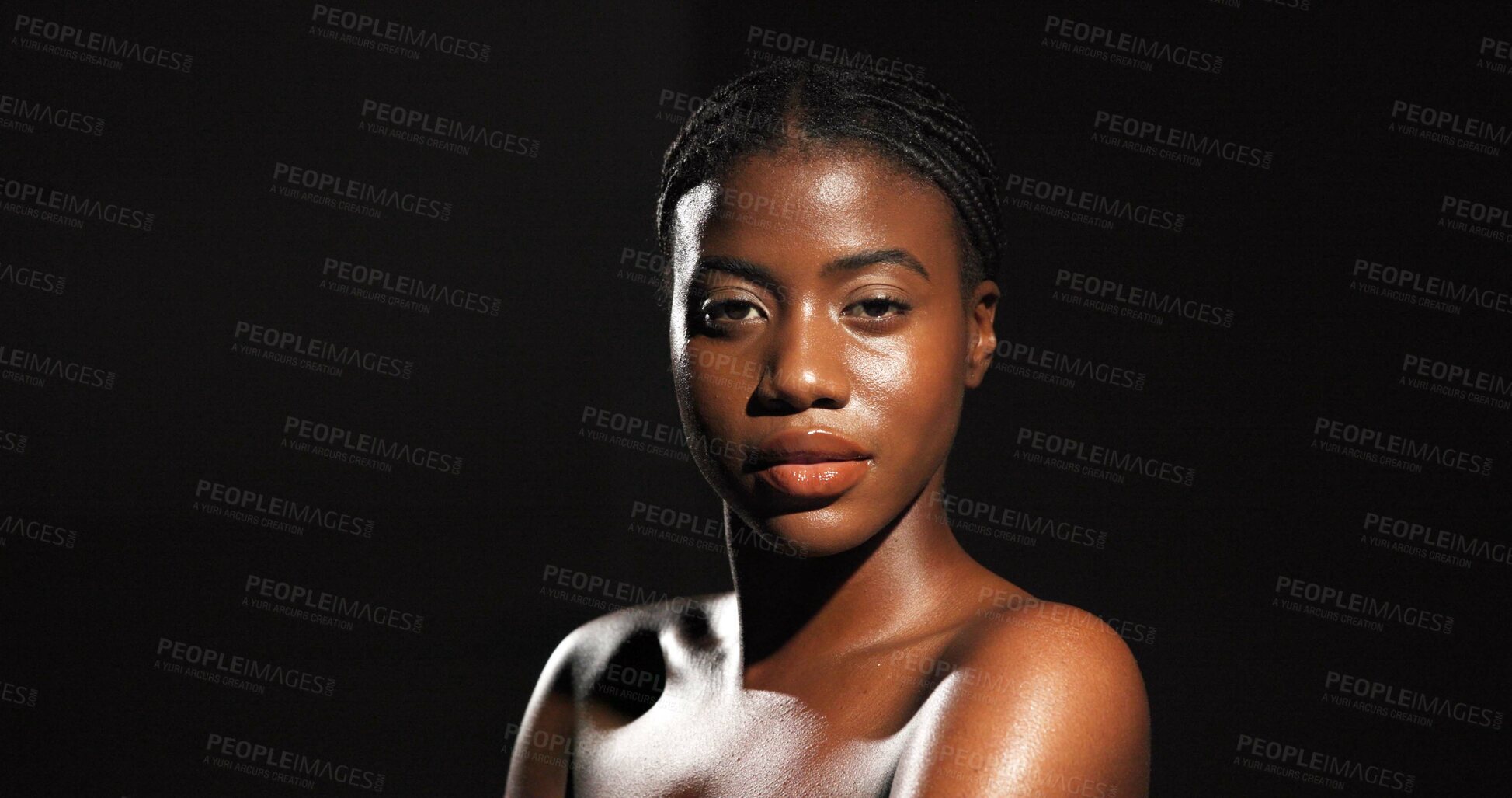 Buy stock photo Beauty, glow and portrait with black woman in studio for skincare, smooth texture and dermatology. Hygiene, aesthetic and shine with person on dark background space for hydration and self care