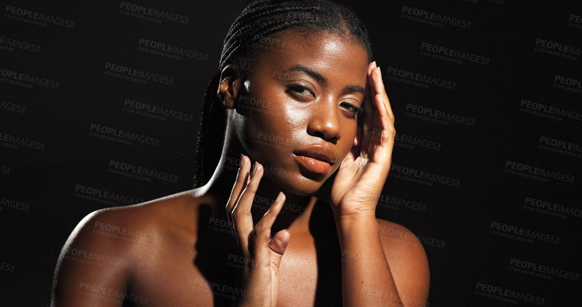 Buy stock photo Skincare, beauty and portrait of black woman in studio for glow, dermatology and self care. Aesthetic, hydration and collagen with person on dark background space for shine, hygiene and clear skin