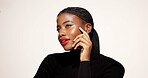 Black woman, thinking and beauty with makeup in studio for cosmetics on a white background. Thoughtful, female person or African model in wonder for skincare, facial treatment or skin glow on space