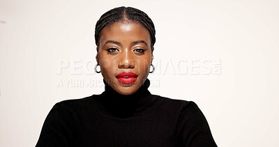 Buy stock photo Red lipstick, makeup and portrait of black woman in studio with beauty, makeover and self care. Cosmetics, face and African female person with facial cosmetology for confidence by white background.