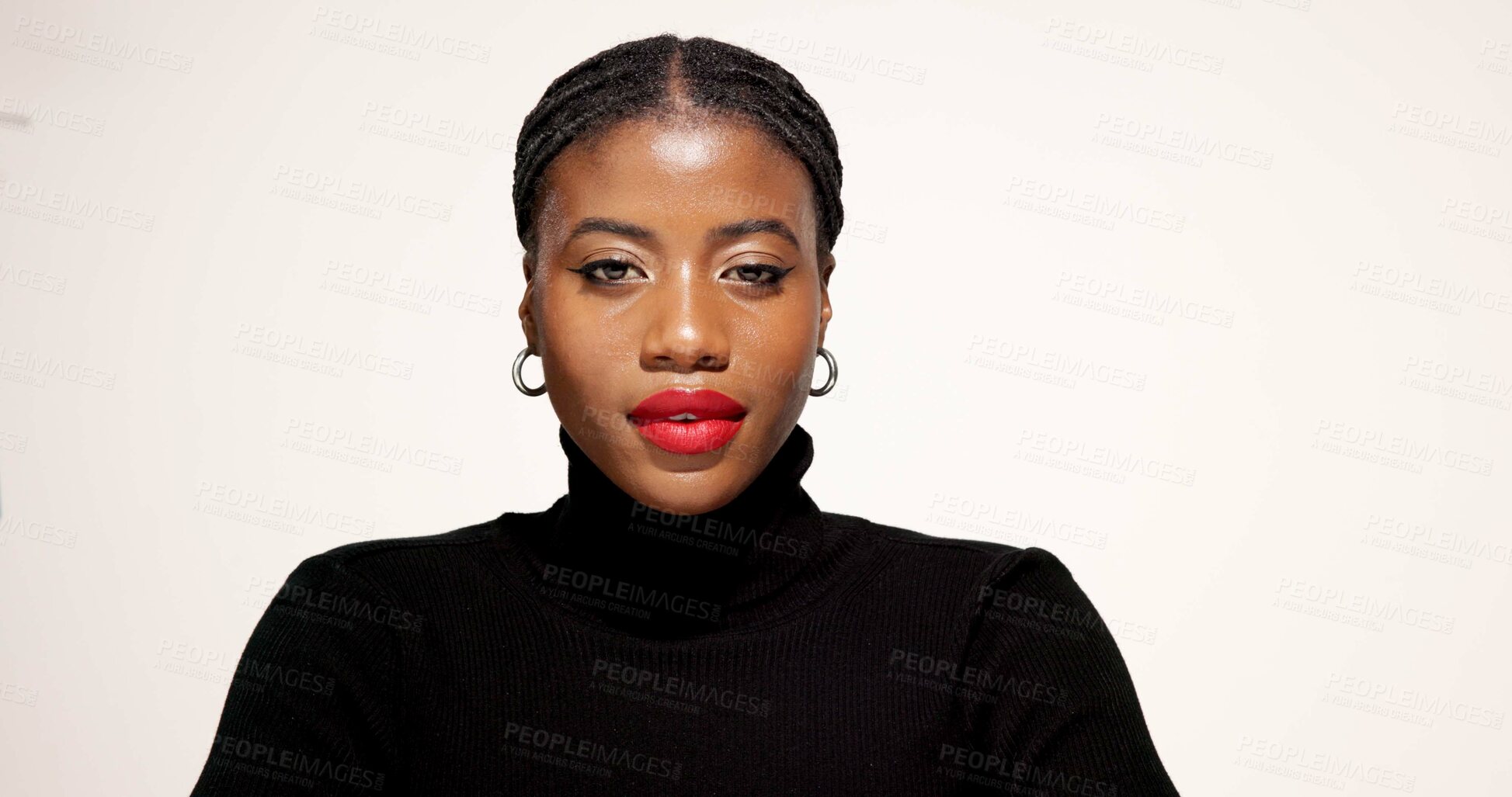 Buy stock photo Red lipstick, makeup and portrait of black woman in studio with beauty, makeover and self care. Cosmetics, face and African female person with facial cosmetology for confidence by white background.