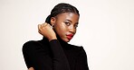 Black woman, portrait and beauty with makeup in studio for cosmetics on a white background. Face, female person or African model with lipstick or shine for skincare, foundation or glow up on space