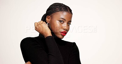 Buy stock photo Black woman, portrait and beauty with makeup in studio for cosmetics on a white background. Face, female person or African model with lipstick or shine for skincare, foundation or glow up on space