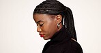 Red lipstick, cosmetics and profile of black woman in studio with beauty, makeover and self care. Makeup, eyeliner and African female person with facial cosmetology and gloss by white background.