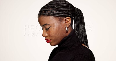 Buy stock photo Red lipstick, cosmetics and profile of black woman in studio with beauty, makeover and self care. Makeup, eyeliner and African female person with facial cosmetology and gloss by white background.