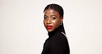 Black woman, portrait and beauty with makeup in studio for cosmetology on a white background. Face, female person or African model with lipstick, cosmetics or foundation for glow up or shine on space