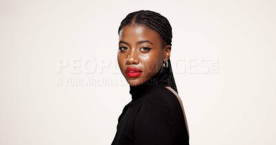 Buy stock photo Black woman, portrait and beauty with makeup in studio for cosmetology on a white background. Face, female person or African model with red lipstick, cosmetic foundation or glow up on mockup space