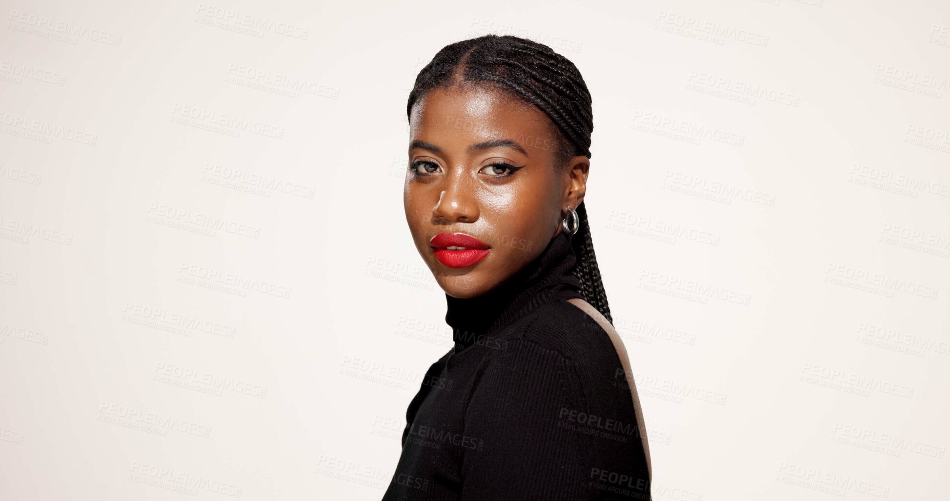 Buy stock photo Black woman, portrait and beauty with makeup in studio for cosmetology on a white background. Face, female person or African model with red lipstick, cosmetic foundation or glow up on mockup space
