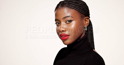 Buy stock photo Red lipstick, beauty and portrait of black woman in studio with makeup, makeover and self care. Cosmetics, face and African female person with facial cosmetology and gloss by white background.