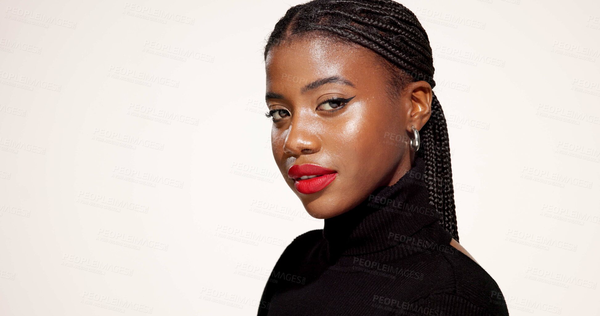 Buy stock photo Red lipstick, beauty and portrait of black woman in studio with makeup, makeover and self care. Cosmetics, face and African female person with facial cosmetology and gloss by white background.