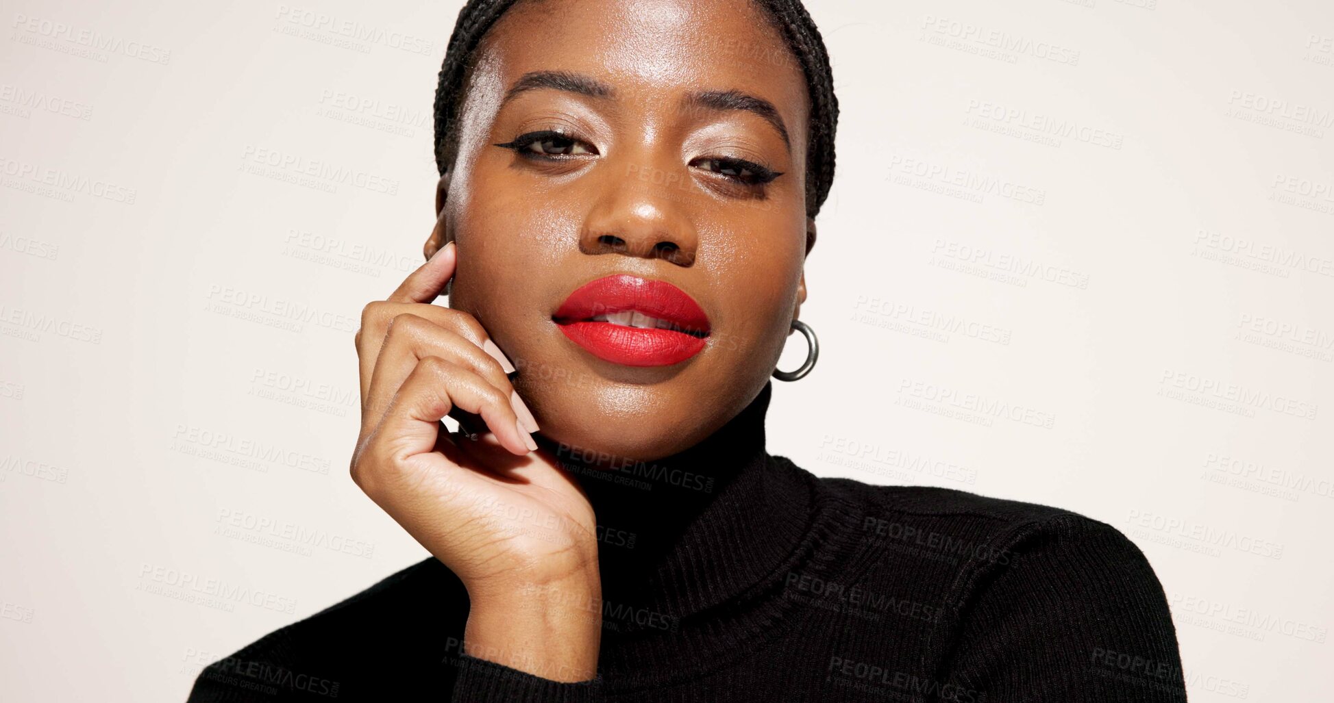 Buy stock photo Red lipstick, self care and portrait of black woman in studio with beauty, makeover and makeup. Cosmetics, face and African female person with facial cosmetology and gloss on white background.