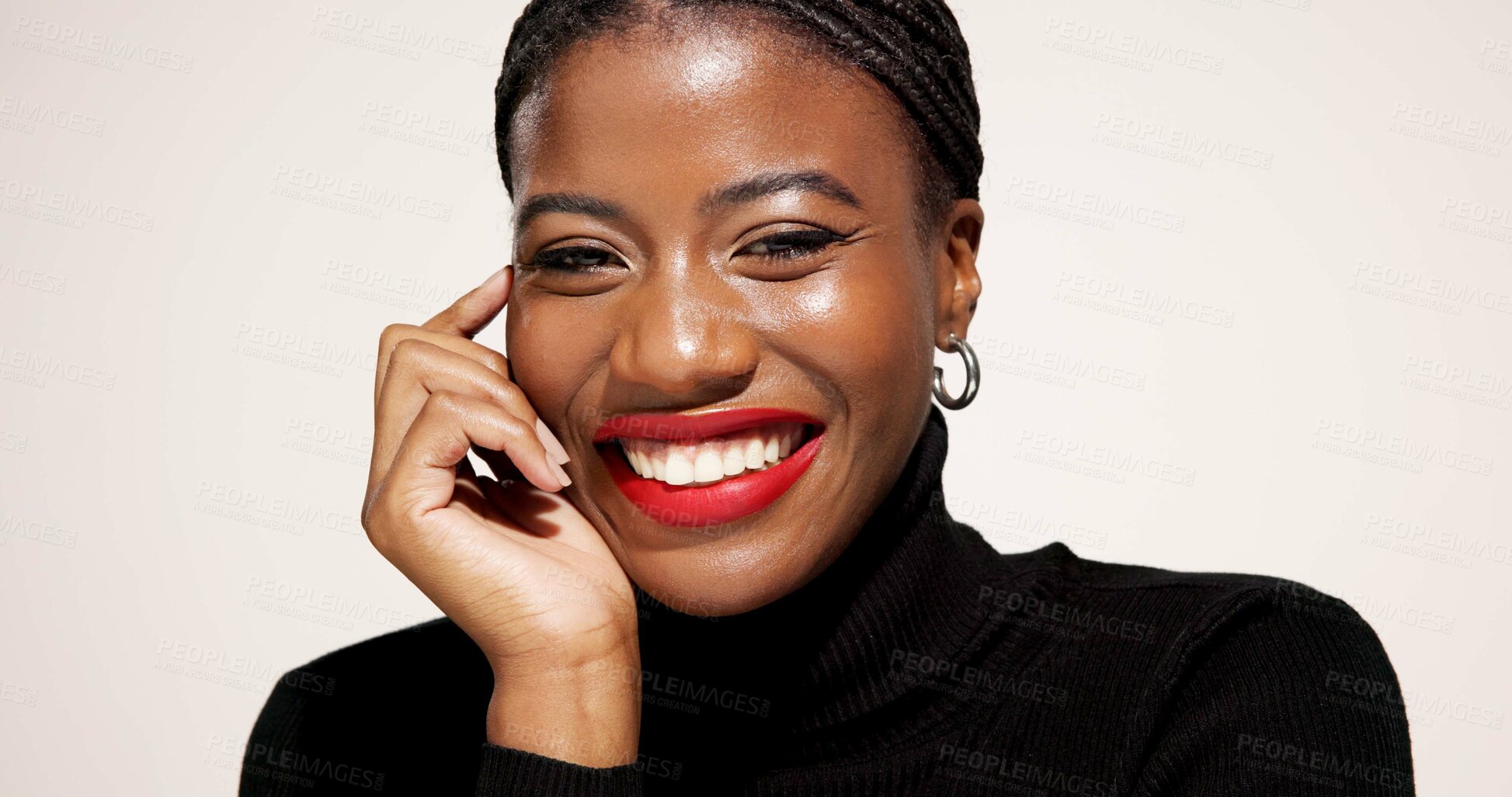 Buy stock photo Red lipstick, happy and portrait of black woman in studio with beauty, makeover and self care. Cosmetics, makeup and African female person with facial cosmetology and gloss by white background.