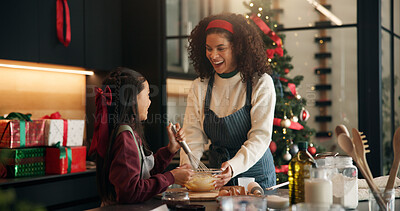 Buy stock photo Baking, mother and child with smile on Christmas for festive dessert recipe, mix batter and help. Happy family, people and dough ingredients in home for xmas cookies, holiday celebration and learning