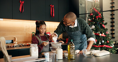 Buy stock photo Baking, father or child with flour on Christmas for holiday cake recipe, helping hand or learning. Happy family, African people or mix ingredients in home for xmas cookies, festive dessert or support