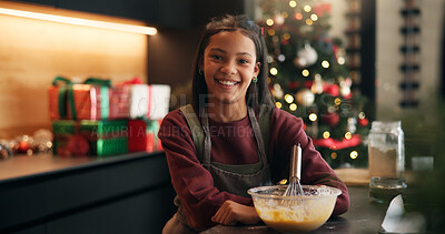 Buy stock photo Christmas, portrait or happy kid baking with smile in kitchen for festive tradition, recipe or food. Learning, bowl or girl child in home for holiday celebration, cooking skills or xmas meal prep