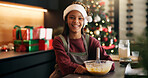 Christmas, portrait or girl baking with smile in kitchen for festive tradition, recipe or food. Learning, happy or female child in apartment for holiday celebration, cooking or xmas meal prep in home