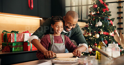 Buy stock photo Xmas, baking and father in kitchen, girl and bonding together with dough, learning and home. African parent, family and dad with daughter, Christmas and holiday season with rolling pin and teaching