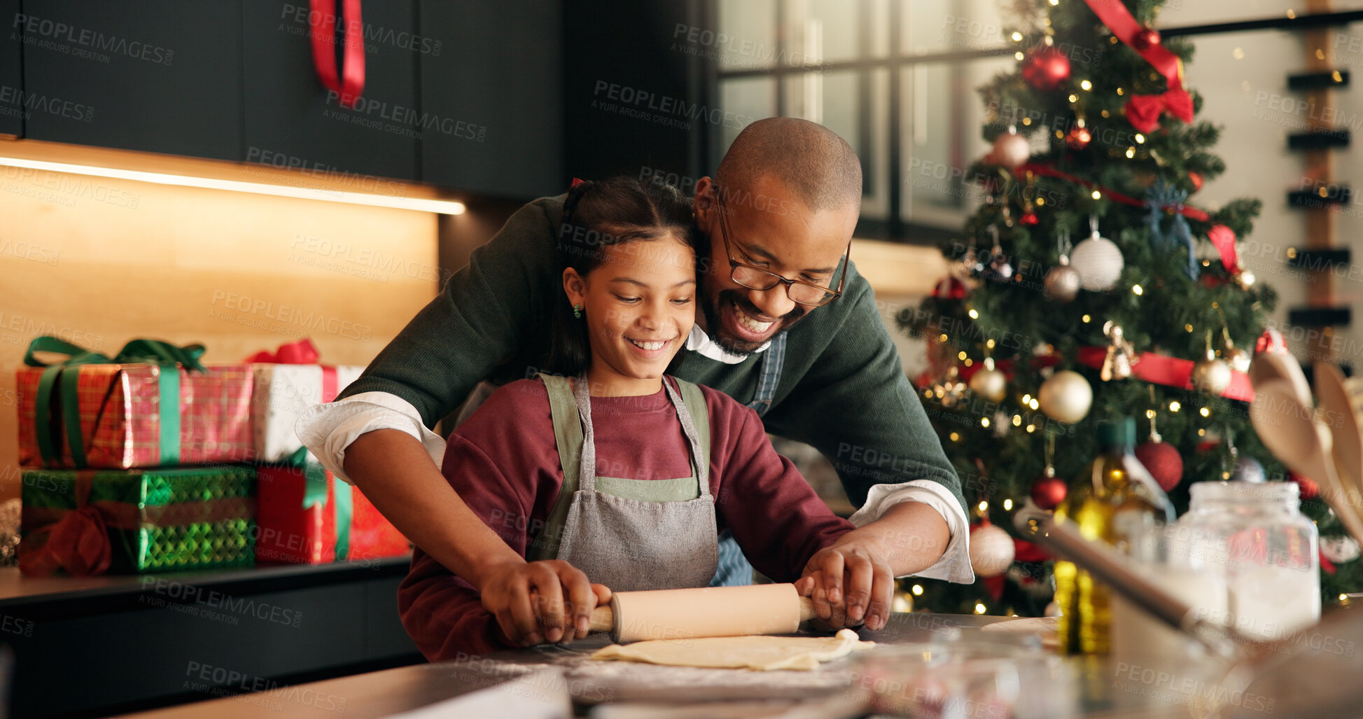 Buy stock photo Xmas, baking and father in kitchen, girl and bonding together with dough, learning and home. African parent, family and dad with daughter, Christmas and holiday season with rolling pin and teaching