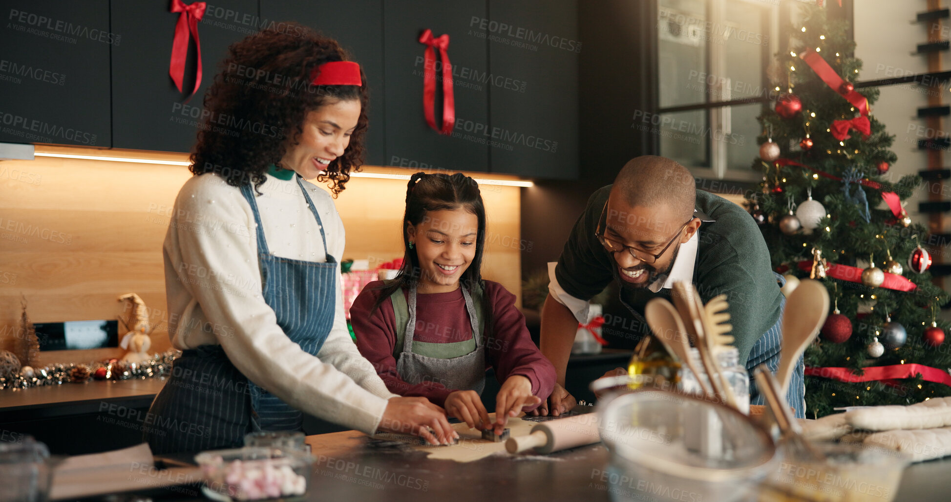 Buy stock photo Christmas, baking and family in kitchen, girl and bonding together with dough, recipe and festive. African parents, mother or father with daughter, Xmas and holiday season with ingredients and home