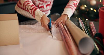 Buy stock photo Hands, cut and woman with wrapping paper for
christmas gifts, holiday tradition and celebration. Preparation, person and packaging box in house for surprise present, festive season and party event