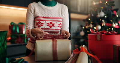 Buy stock photo Hands, ribbon and woman with Christmas gift for holiday tradition, celebration and party event. Preparation, person and packaging box in house with present decoration, festive season and appreciation