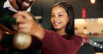 Smile, child and father decorate Christmas tree for holiday celebration together in home. Girl, dad and bauble for xmas, festive ornament and African family with parent to prepare in house at night
