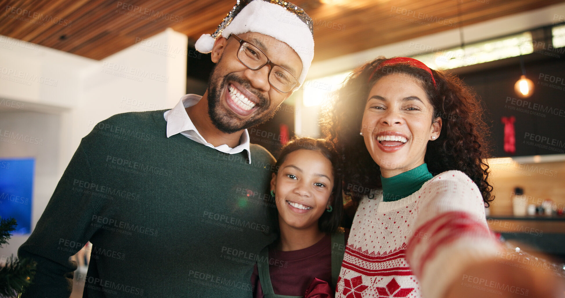 Buy stock photo Portrait, parents and selfie with child for Christmas photography, social media update and bonding. Happy, family and kid of profile picture POV, festive tradition and memory of celebration at house
