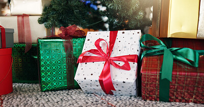 Buy stock photo Christmas, boxes and gift by tree in home with ribbon for celebration, tradition and festive season. December, floor and packages with decoration for surprise, presents and giving for xmas holiday