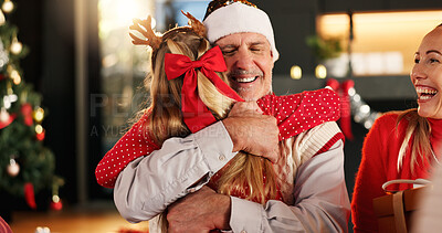 Buy stock photo Happy family, grandpa and hug with child for christmas celebration or December holiday in home. Grandfather, embrace and grandkid with smile in joy for festive weekend, bonding or love in house