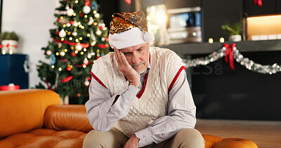Buy stock photo Sad, senior man and house on Christmas, past reflection on lonely holiday and nostalgia memory. Thinking, elderly person and grief for cancelled plan, regret decision and emotional for festive season
