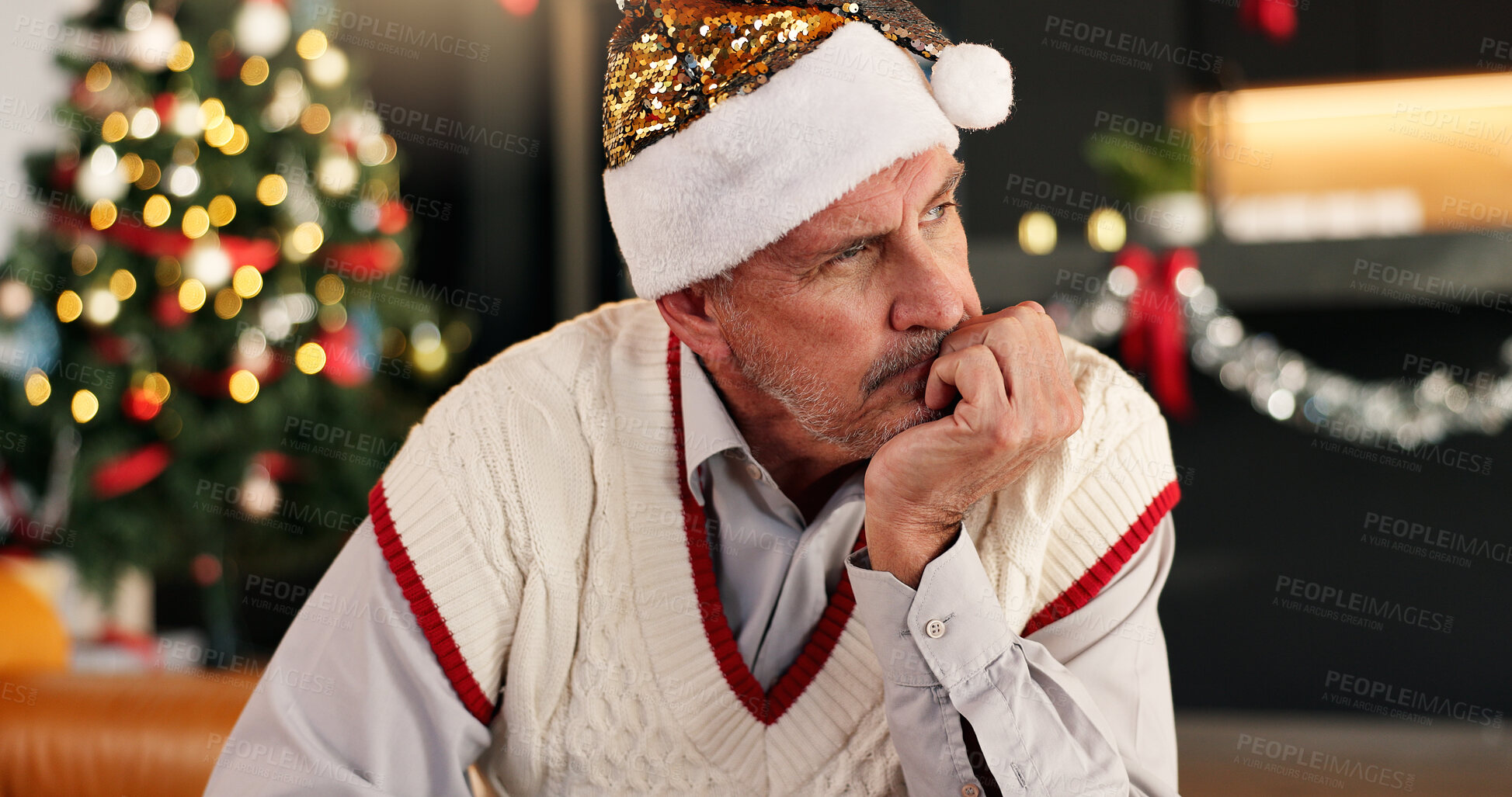 Buy stock photo Thinking, senior man and house on Christmas of past reflection, lonely holiday and nostalgia memory. Wonder, elderly person and sad for cancelled plan, regret decision and emotional of festive season