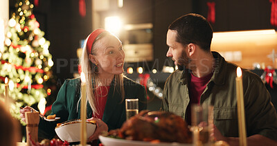 Buy stock photo Couple, talking and serving food on Thanksgiving celebration, healthy meal and social gathering. Man, woman and hosting with cuisine nutrition of festive tradition, feast reunion and bonding at house