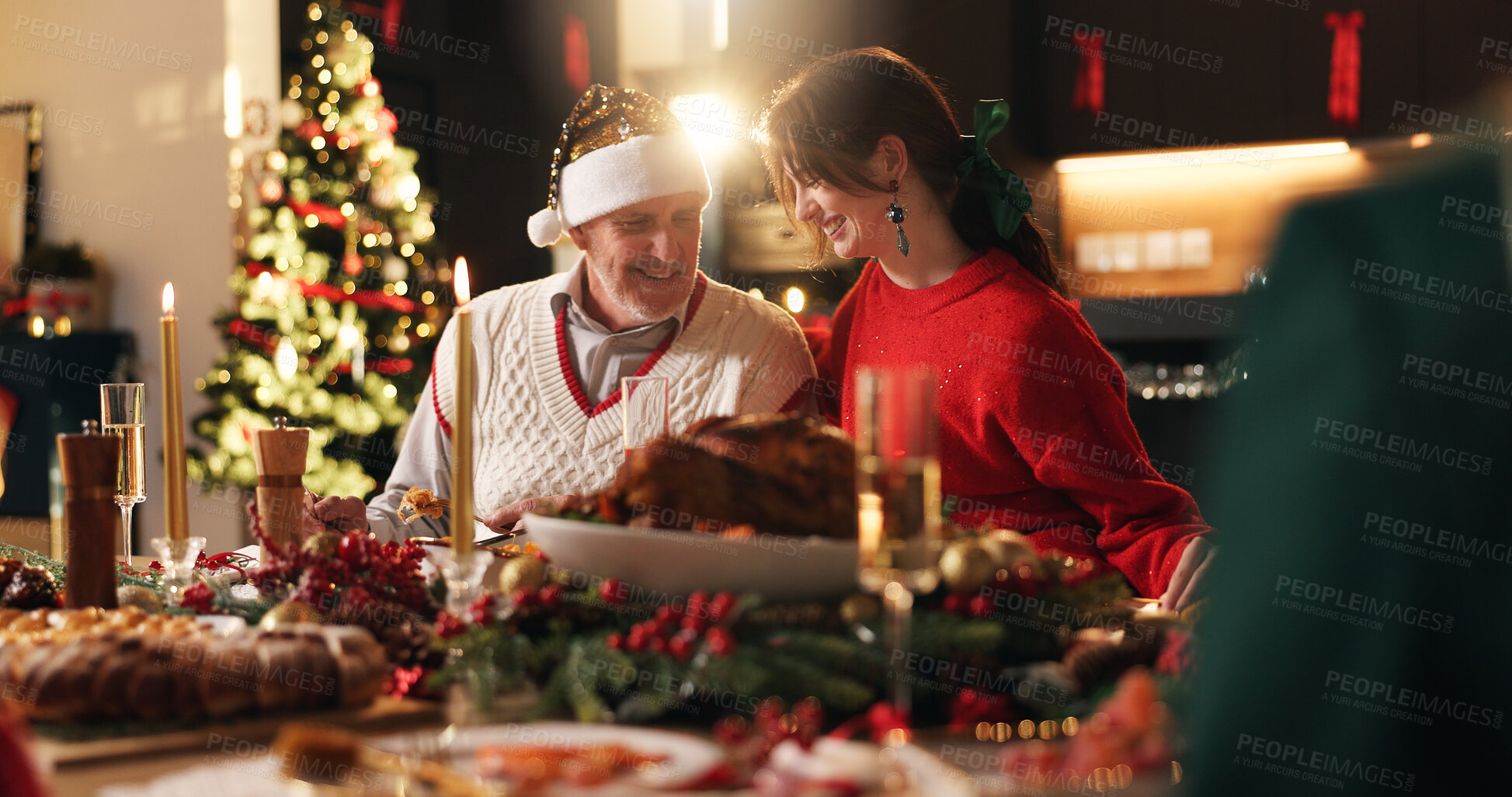 Buy stock photo Smile, family and serving food on Thanksgiving celebration, healthy meal and social gathering. Man, people and hosting with cuisine nutrition for festive tradition, feast reunion and bonding at house